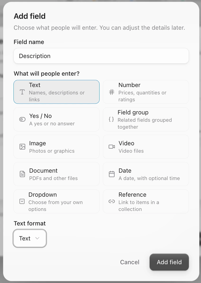 The Add field window with Description as the Field name, Text picked, and the other types, including Reference