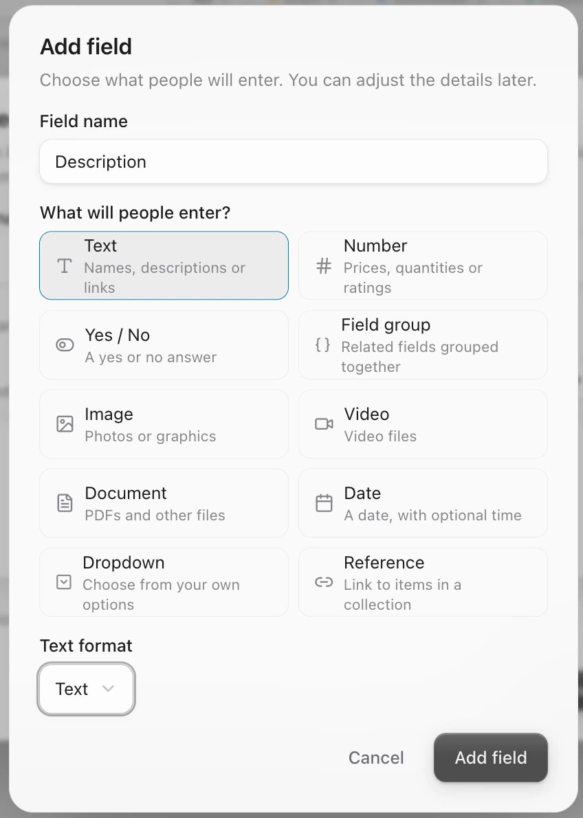 The Add field window with Description as the Field name, Text picked, and the other types, including Reference