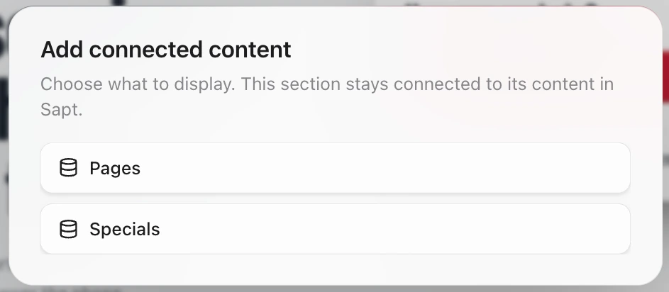 The Add connected content window listing the Pages and Specials collections