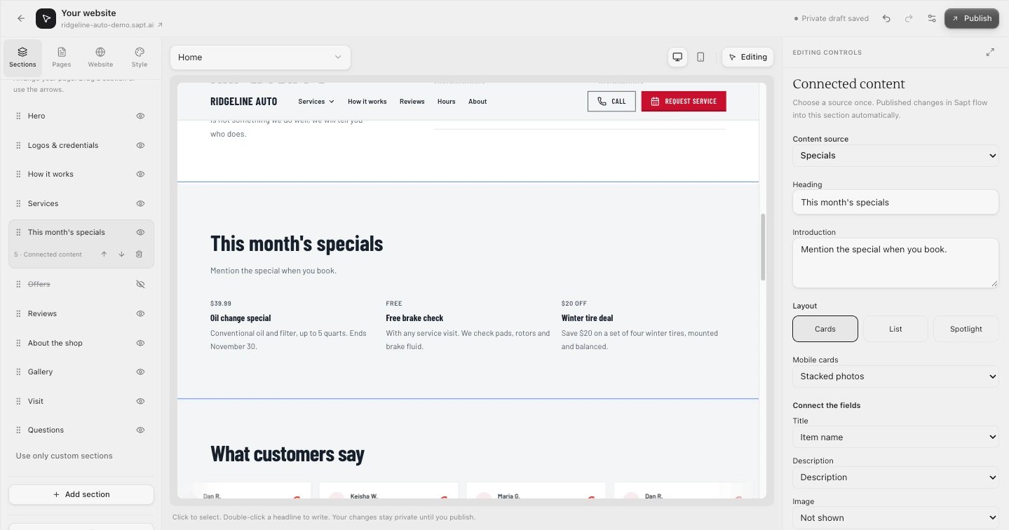 Connected content settings for a Specials section: Content source, Heading, Introduction, Layout set to Cards, Mobile cards, and Connect the fields with Image set to Not shown