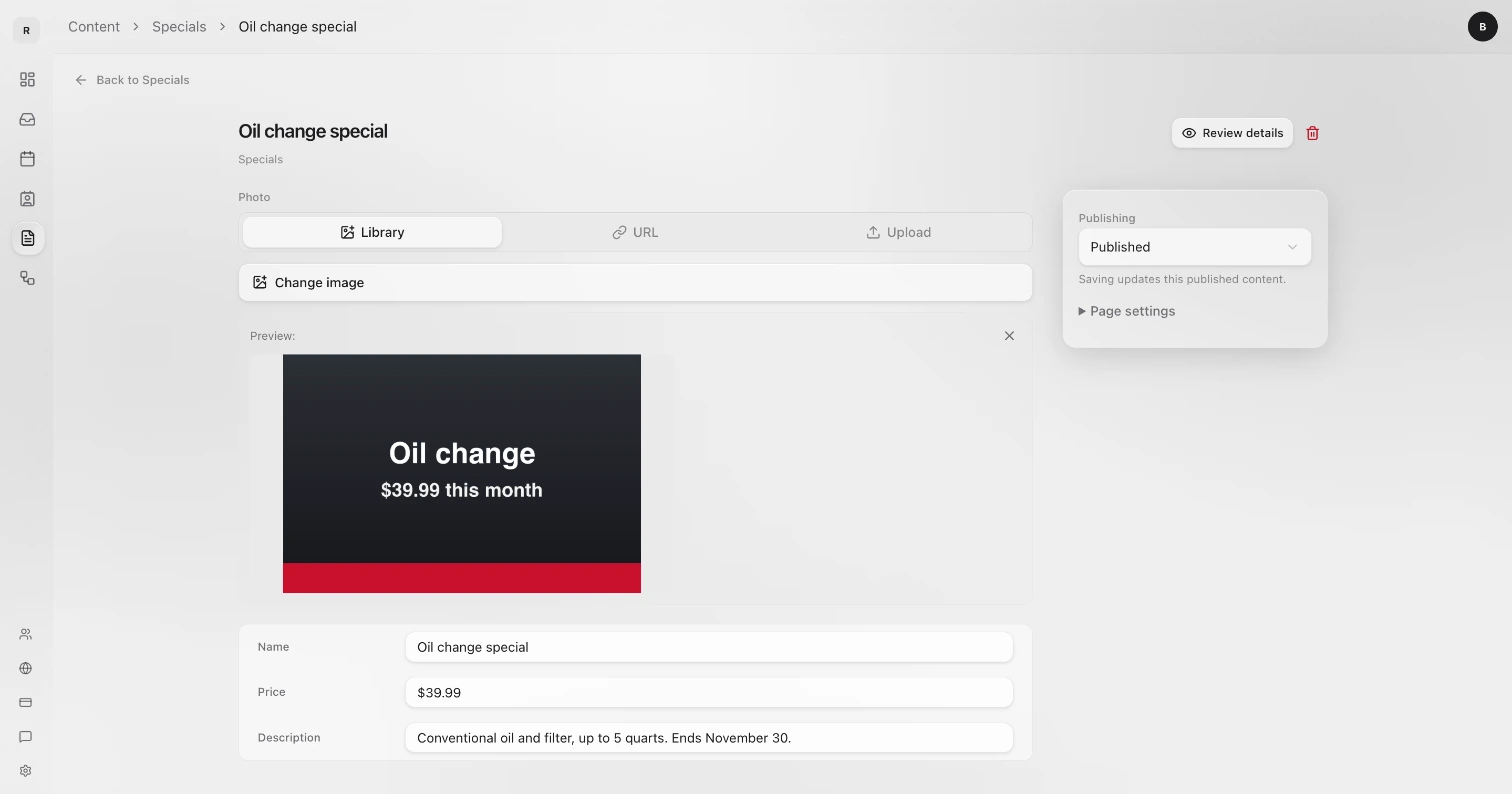The Oil change special item: Photo, Name, Price and Description on the left, and Publishing set to Published on the right