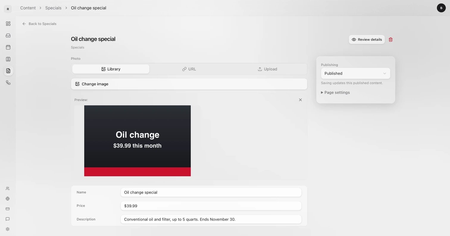 The Oil change special item: Photo, Name, Price and Description on the left, and Publishing set to Published on the right