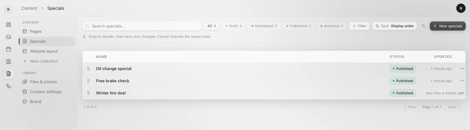 The Specials collection with three published items, the search box, the status filters, Sort set to Display order, and New specials