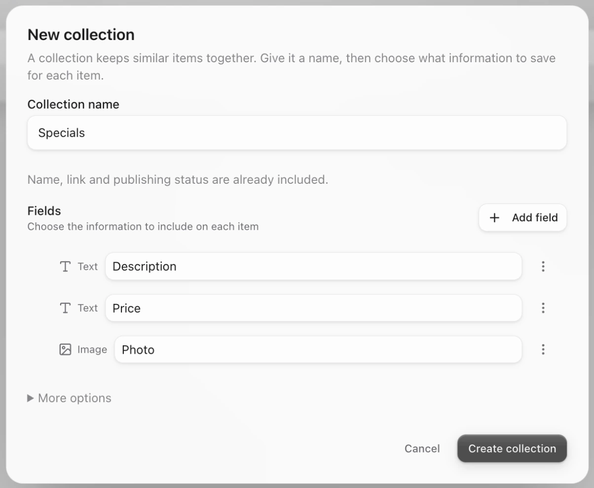 The New collection window for Specials, with Description and Price as Text fields, Photo as an Image field, and Create collection
