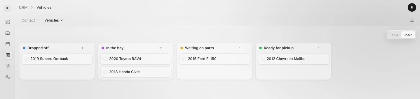 The Vehicles board with columns for Dropped off, In the bay, Waiting on parts and Ready for pickup, and a card for each vehicle
