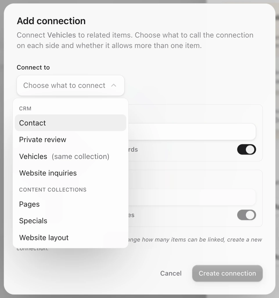 The Connect to menu: Contact, Private review, Vehicles and Website inquiries under CRM, and Pages, Specials and Website layout under Content collections