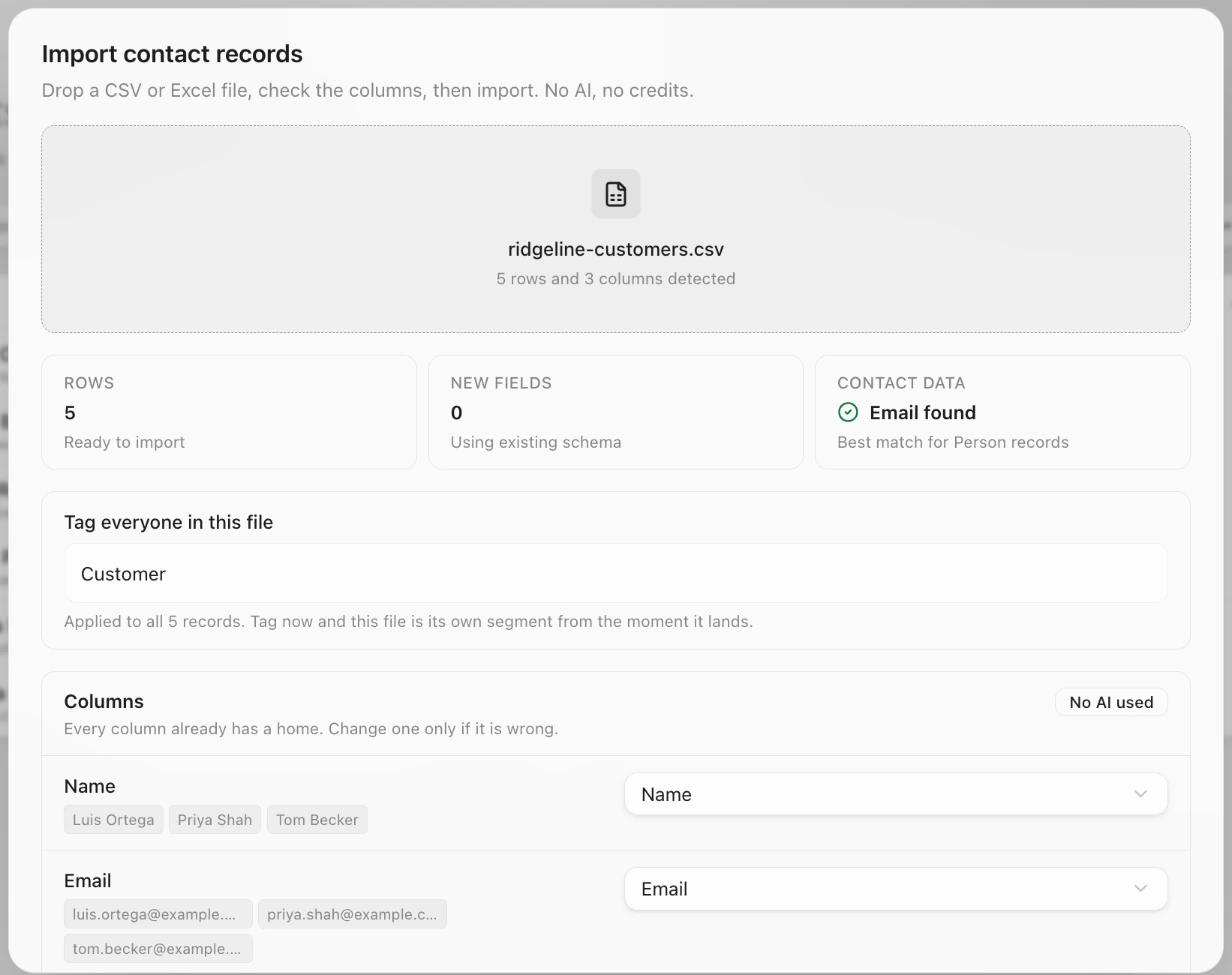 Import contact records with ridgeline-customers.csv: 5 rows ready to import, email found, Tag everyone in this file, and each column matched to a field