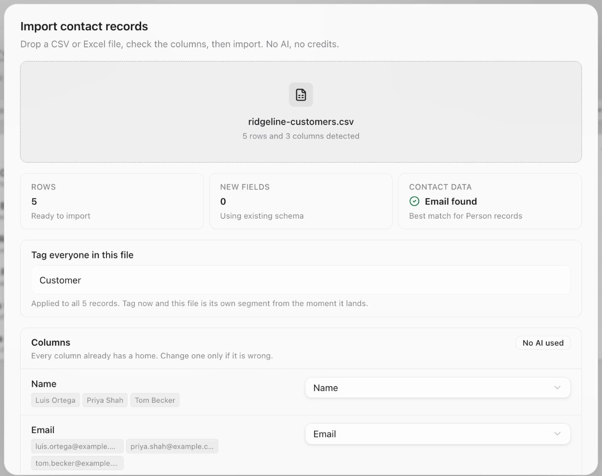 Import contact records with ridgeline-customers.csv: 5 rows ready to import, email found, Tag everyone in this file, and each column matched to a field