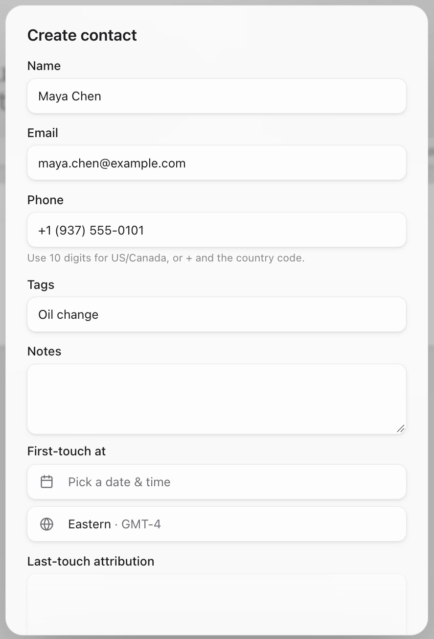 The Create contact window with Maya Chen's name, email and phone filled in, then Tags, Notes and First-touch at