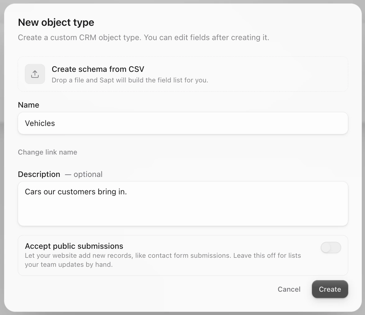 The New object type window with Create schema from CSV, Name, Description and the Accept public submissions switch turned off