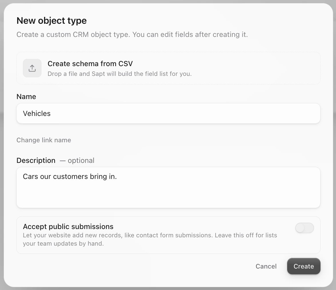 The New object type window with Create schema from CSV, Name, Description and the Accept public submissions switch turned off