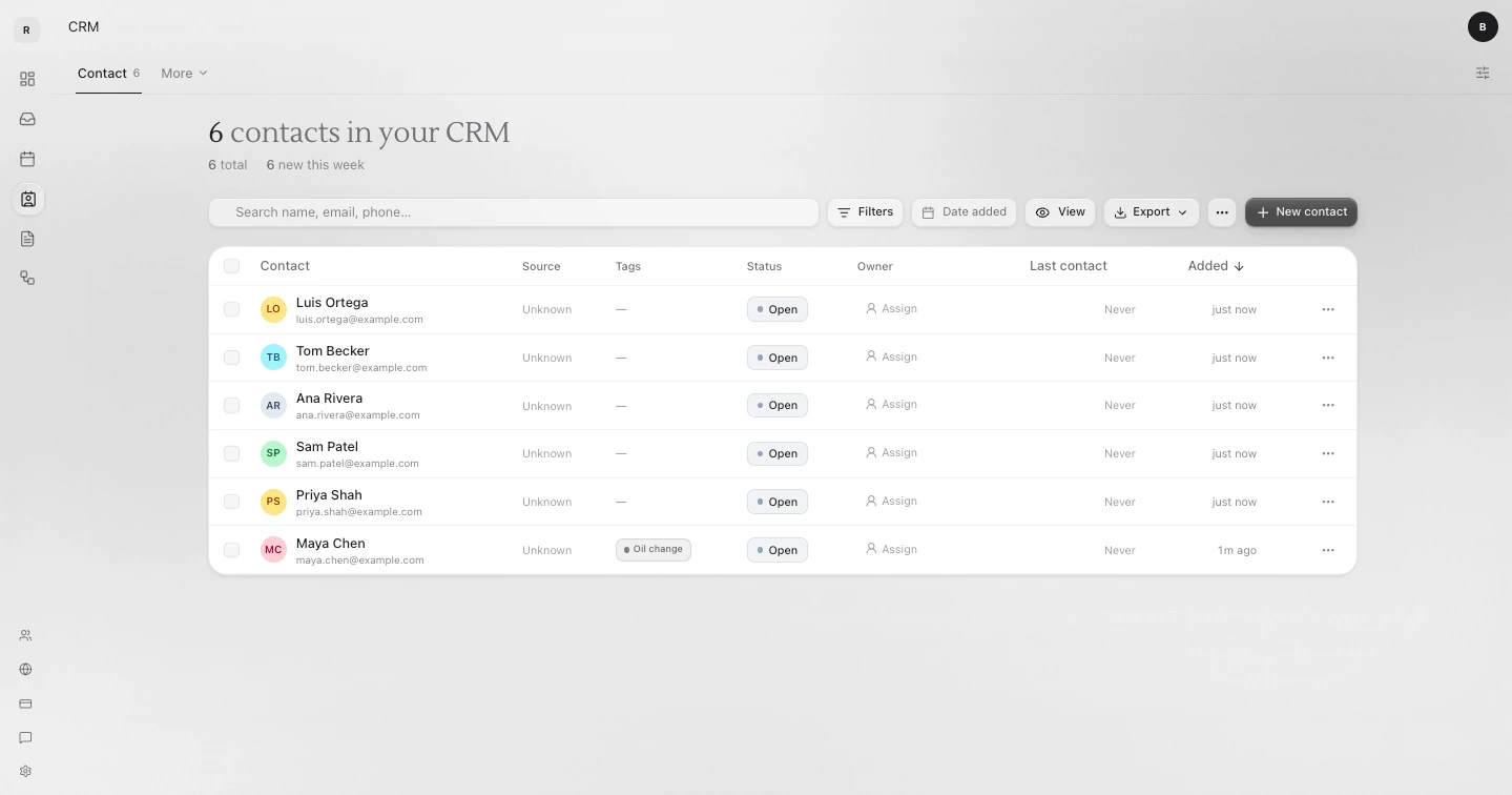 The CRM on the Contact tab: six contacts in a table, with the search box, Filters, Export, the three-dot More actions button and New contact
