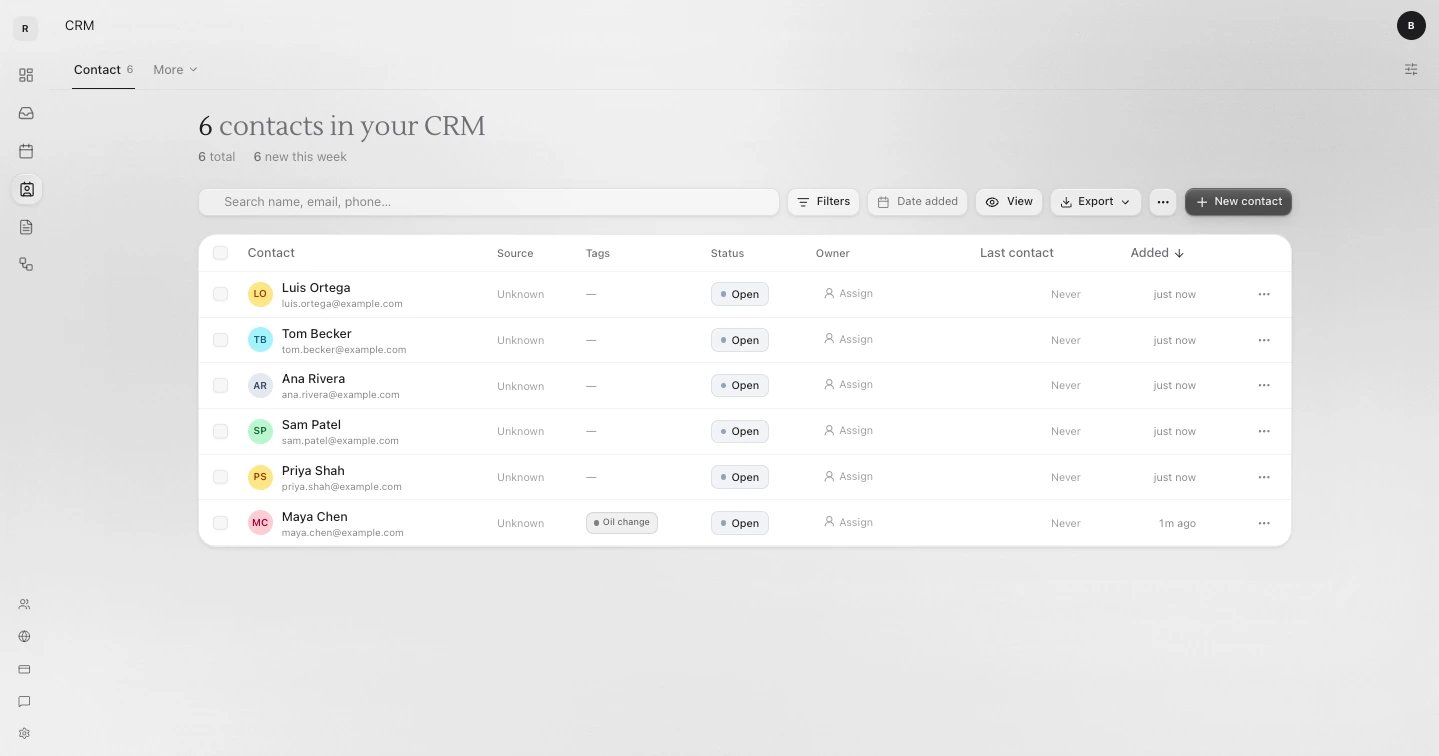The CRM on the Contact tab: six contacts in a table, with the search box, Filters, Export, the three-dot More actions button and New contact