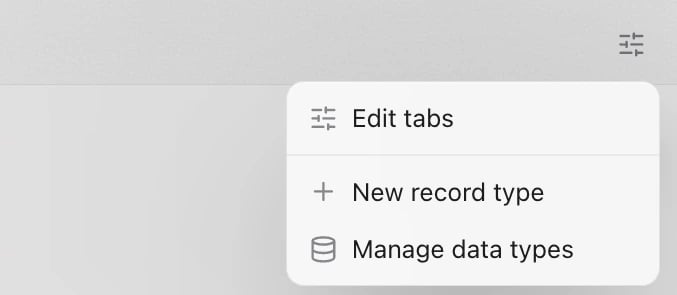 The sliders menu with Edit tabs, New record type and Manage data types