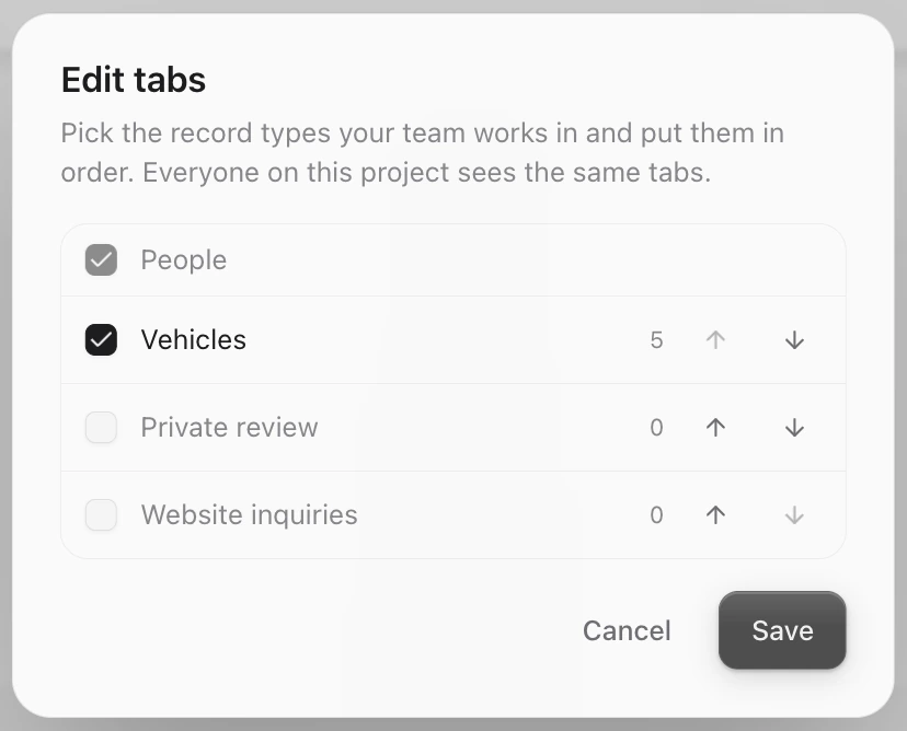 The Edit tabs window with People and Vehicles ticked, Private review and Website inquiries unticked, and arrows to reorder