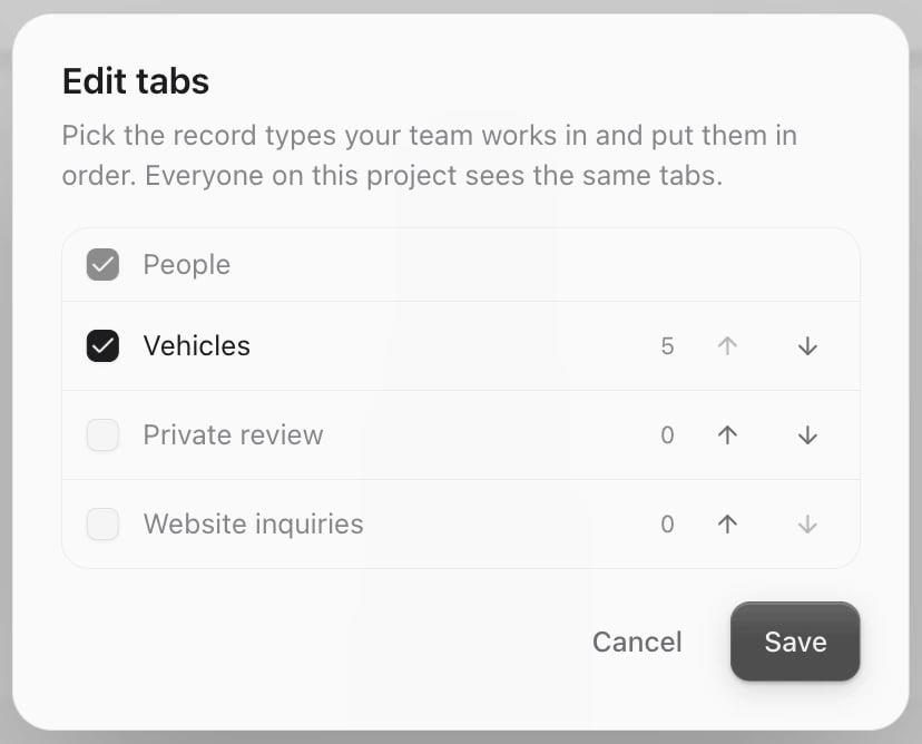 The Edit tabs window with People and Vehicles ticked, Private review and Website inquiries unticked, and arrows to reorder