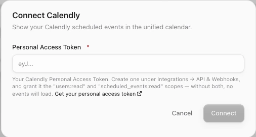 The Connect Calendly box with the Personal Access Token field