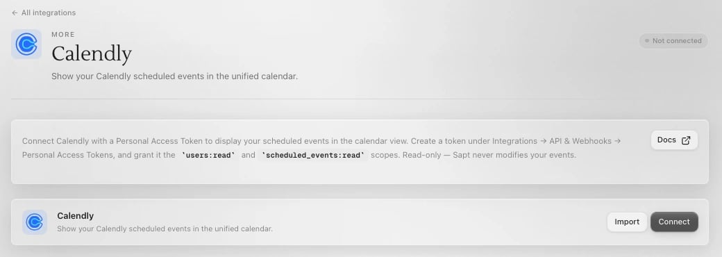 The Calendly page in Sapt, not connected yet, with Import and Connect