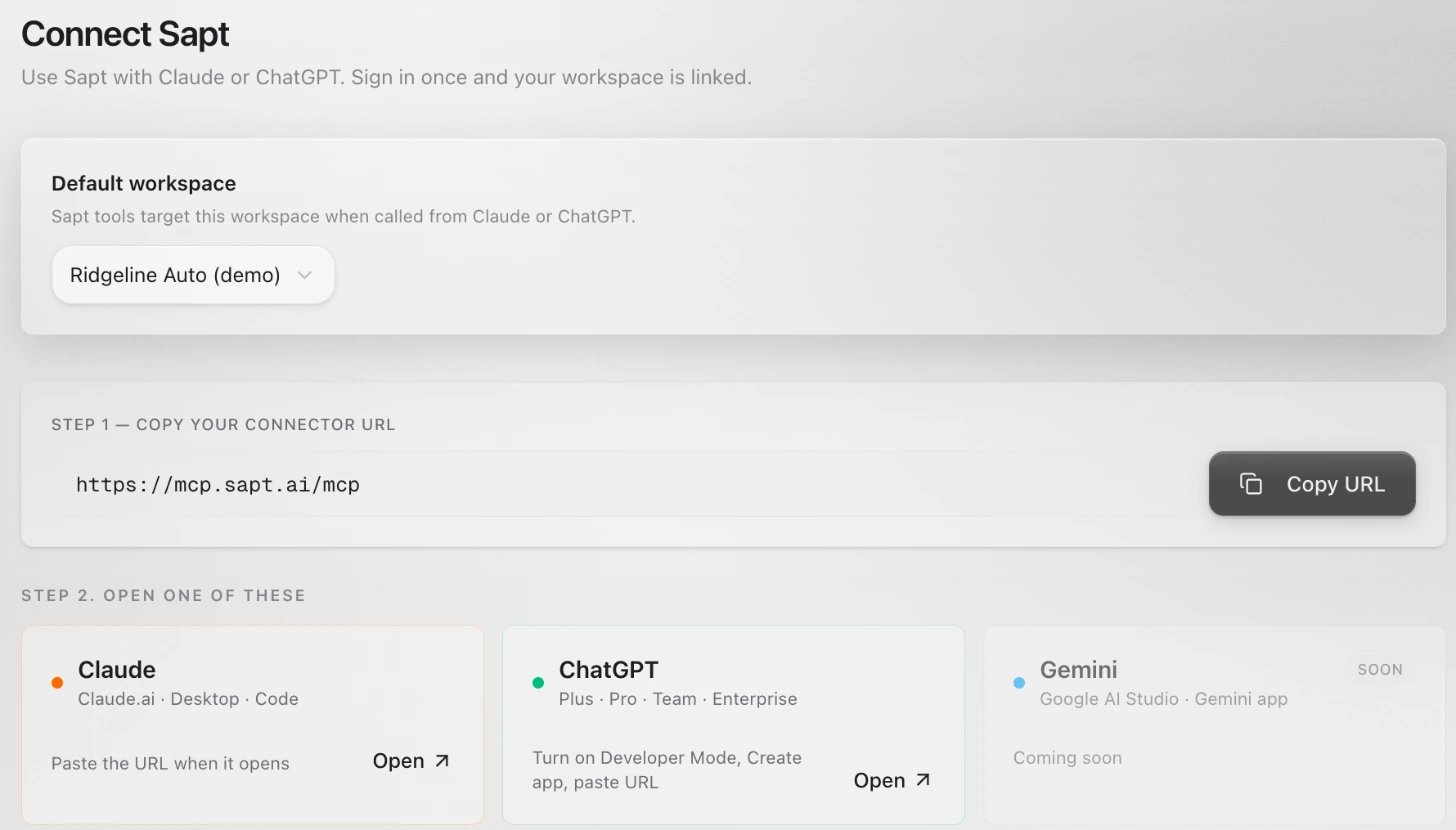 Connect Sapt in Account: Default workspace, the connector URL with Copy URL, and the Claude, ChatGPT and Gemini cards