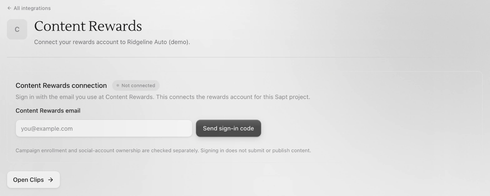 The Content Rewards page in Sapt, not connected yet, with the Content Rewards email box, Send sign-in code and Open Clips