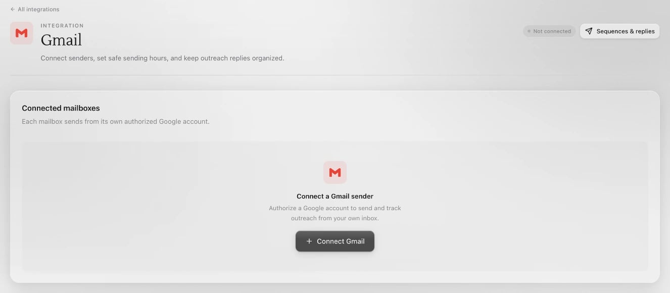 The Gmail page in Sapt with no mailbox yet: Connected mailboxes shows Connect a Gmail sender and the Connect Gmail button
