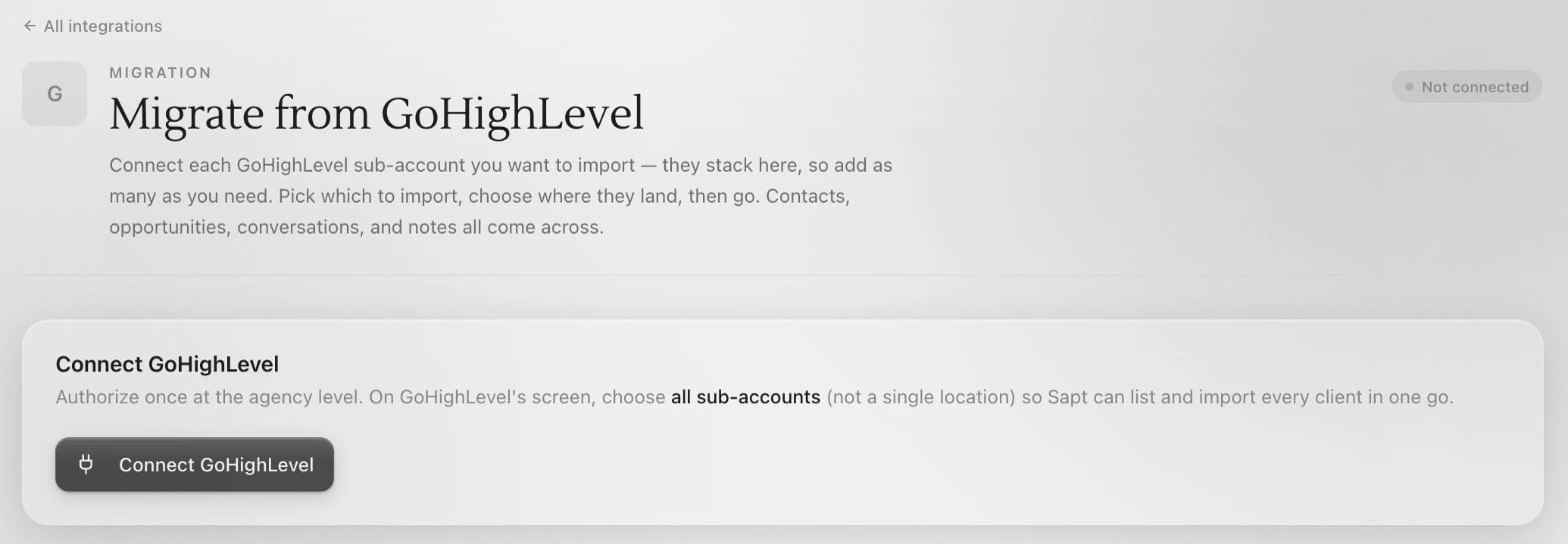 The Migrate from GoHighLevel page in Sapt, not connected yet, with the Connect GoHighLevel button