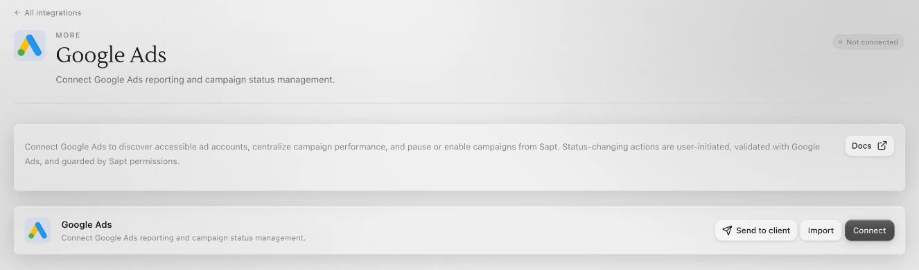 The Google Ads page in Sapt, not connected yet, with Send to client, Import and Connect