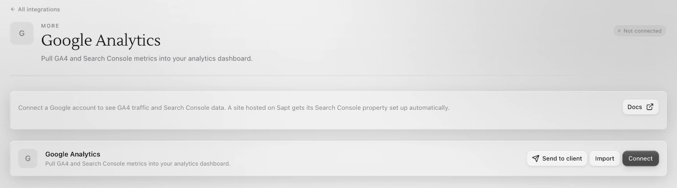 The Google Analytics page in Connected apps, not connected yet, with Send to client, Import and Connect