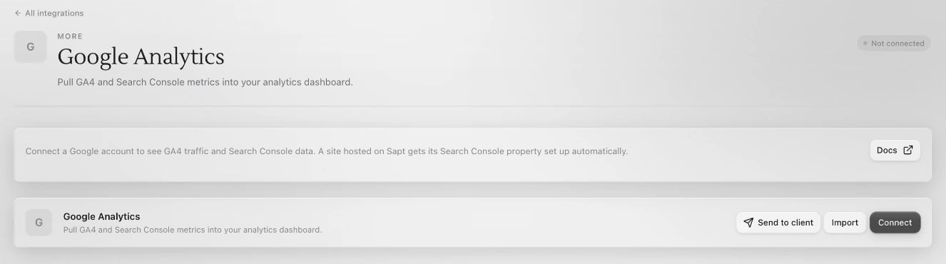 The Google Analytics page in Connected apps, not connected yet, with Send to client, Import and Connect