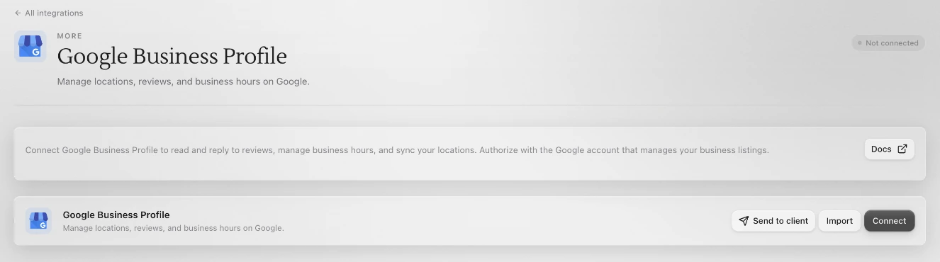 The Google Business Profile page in Connected apps, not connected yet, with Send to client, Import and Connect