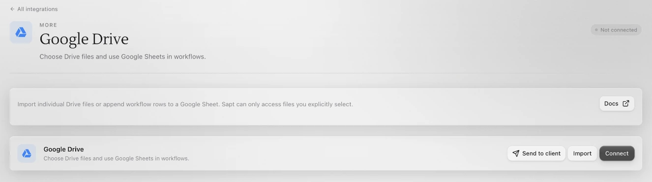The Google Drive page in Connected apps, not connected yet, with Send to client, Import and Connect