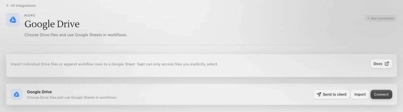 The Google Drive page in Connected apps, not connected yet, with Send to client, Import and Connect