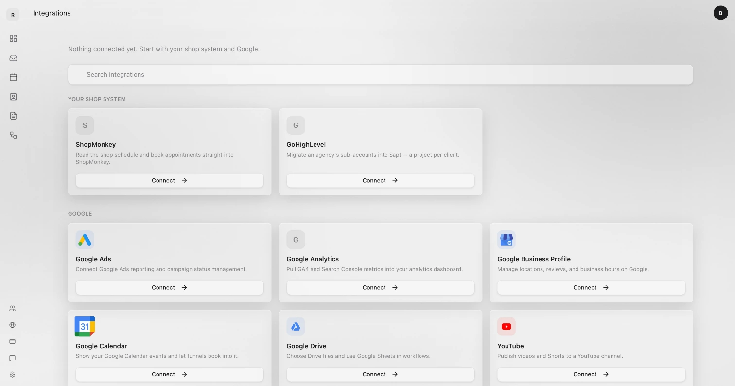 The top of the Integrations page: Search integrations, then ShopMonkey and GoHighLevel under Your shop system, then the Google apps, each with a Connect button