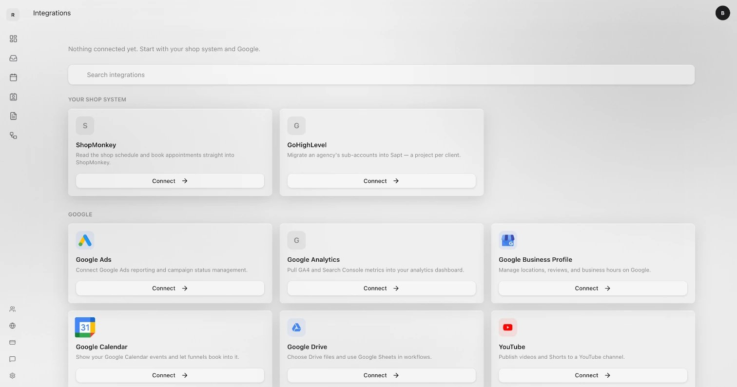 The top of the Integrations page: Search integrations, then ShopMonkey and GoHighLevel under Your shop system, then the Google apps, each with a Connect button