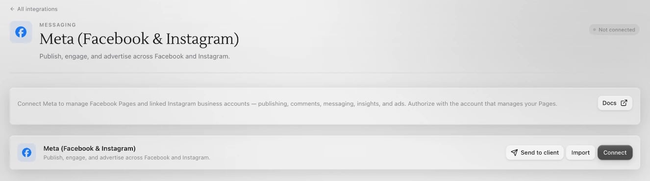 The Meta (Facebook & Instagram) page in Sapt, not connected yet, with Send to client, Import and Connect