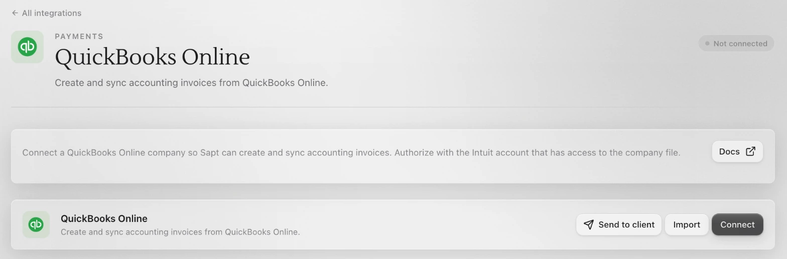 The QuickBooks Online page in Sapt, not connected yet, with Send to client, Import and Connect