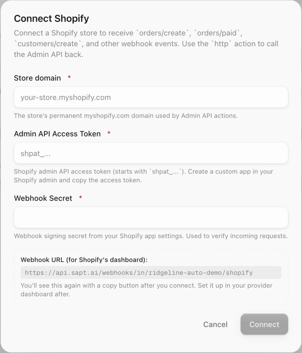 The Connect Shopify box with Store domain, Admin API Access Token, Webhook Secret and the Webhook URL (for Shopify's dashboard)