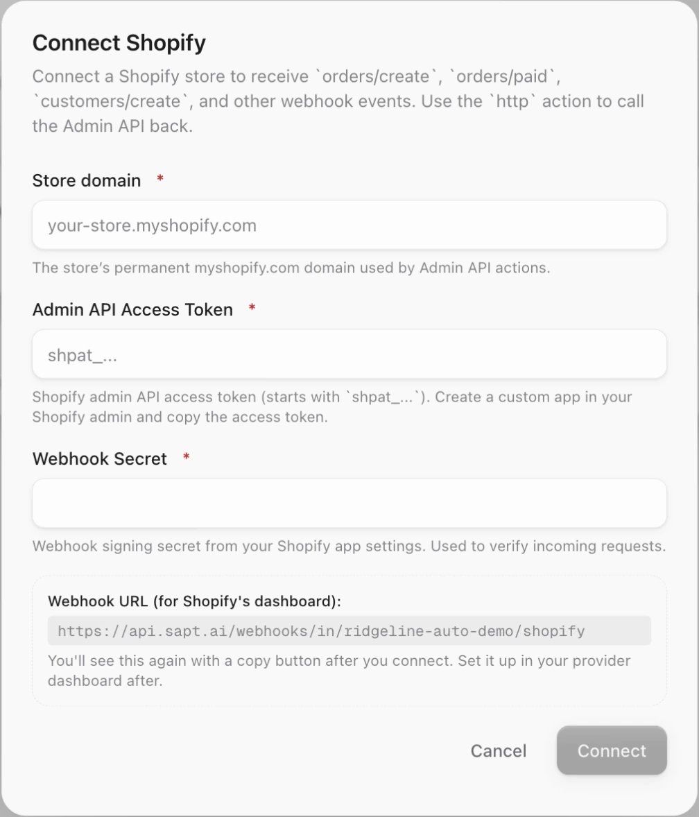 The Connect Shopify box with Store domain, Admin API Access Token, Webhook Secret and the Webhook URL (for Shopify's dashboard)