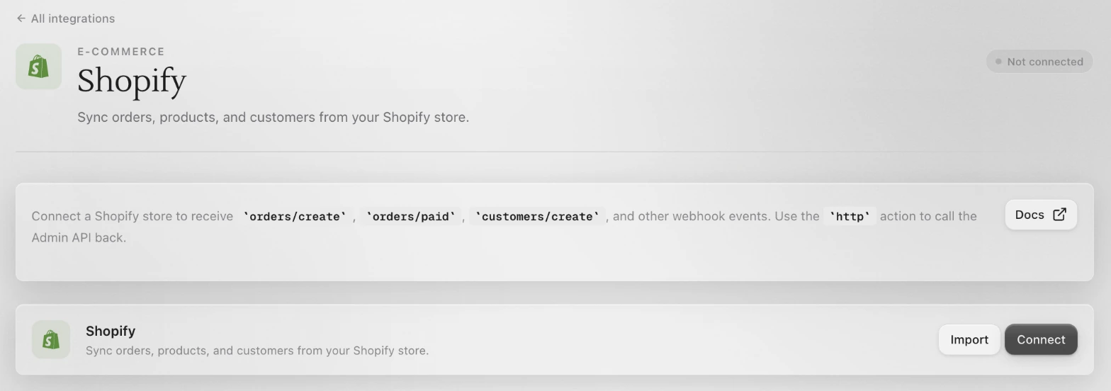 The Shopify page in Sapt, not connected yet, with Import and Connect