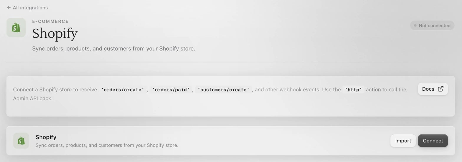 The Shopify page in Sapt, not connected yet, with Import and Connect