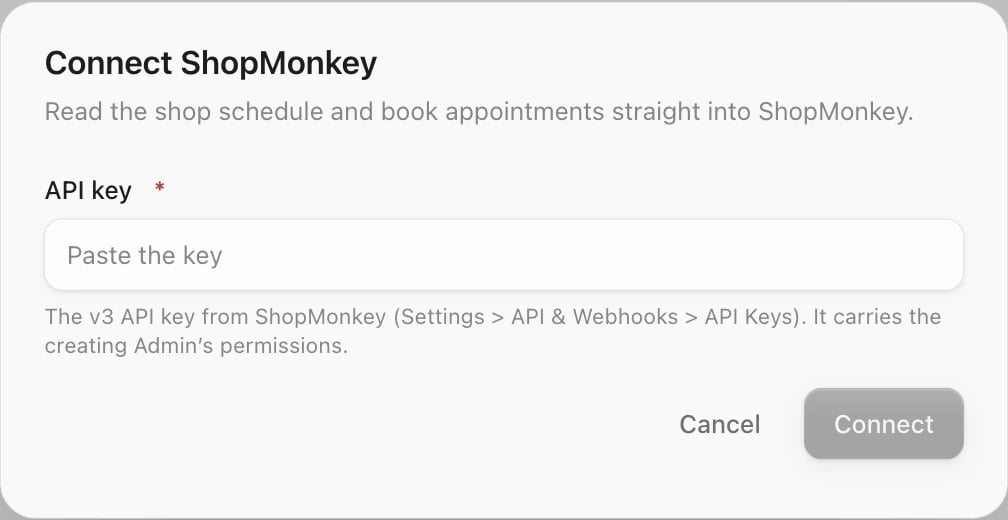 The Connect ShopMonkey box with the API key field