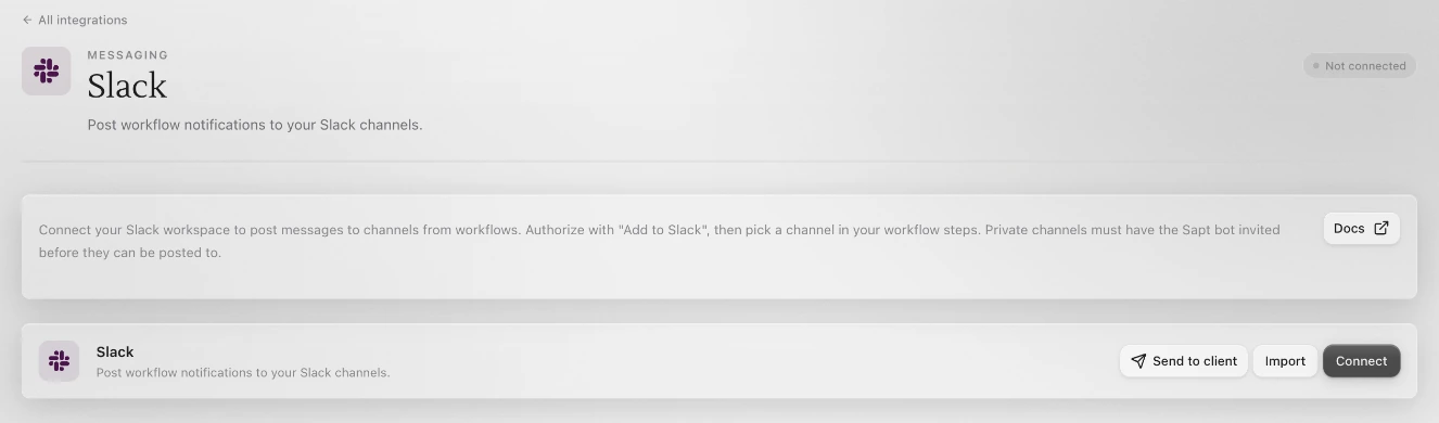 The Slack page in Sapt, not connected yet, with Send to client, Import and Connect