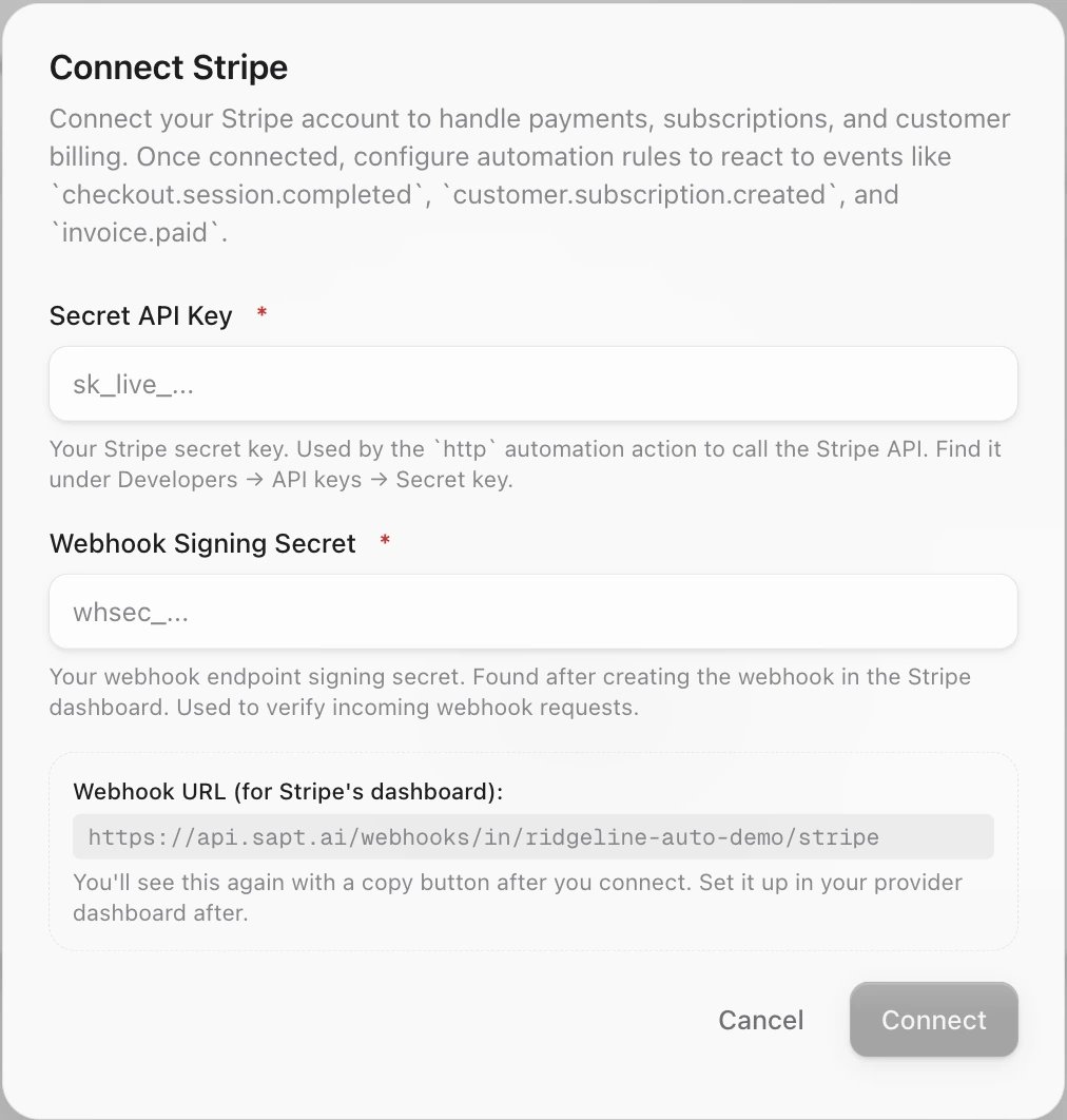 The Connect Stripe box with Secret API Key, Webhook Signing Secret and the Webhook URL (for Stripe's dashboard)