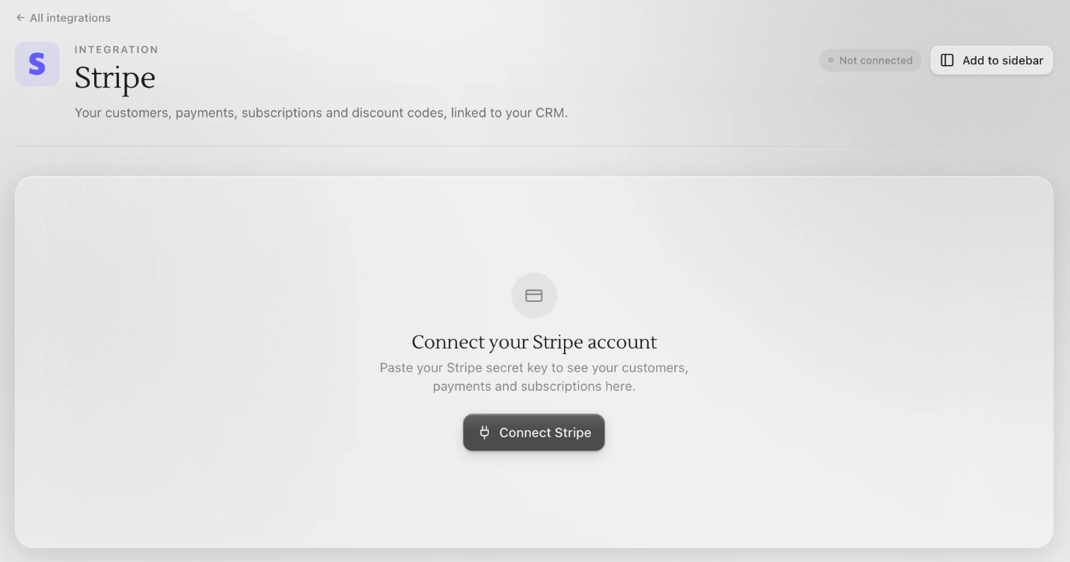 The Stripe page in Sapt, not connected yet, with the Connect your Stripe account card and the Connect Stripe button