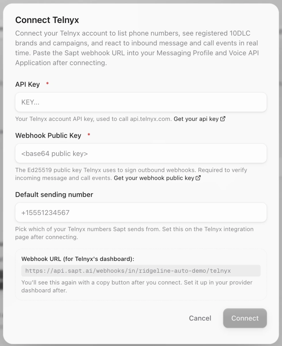 The Connect Telnyx box with API Key, Webhook Public Key, Default sending number and the Webhook URL (for Telnyx's dashboard)