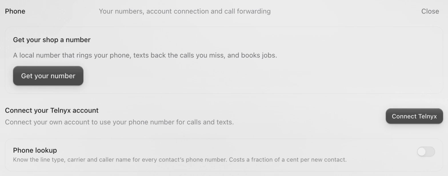 The Phone section of Project Settings: Get your shop a number, Connect your Telnyx account with the Connect Telnyx button, and Phone lookup