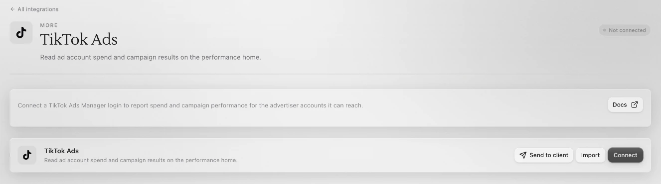 The TikTok Ads page in Sapt, not connected yet, with Send to client, Import and Connect