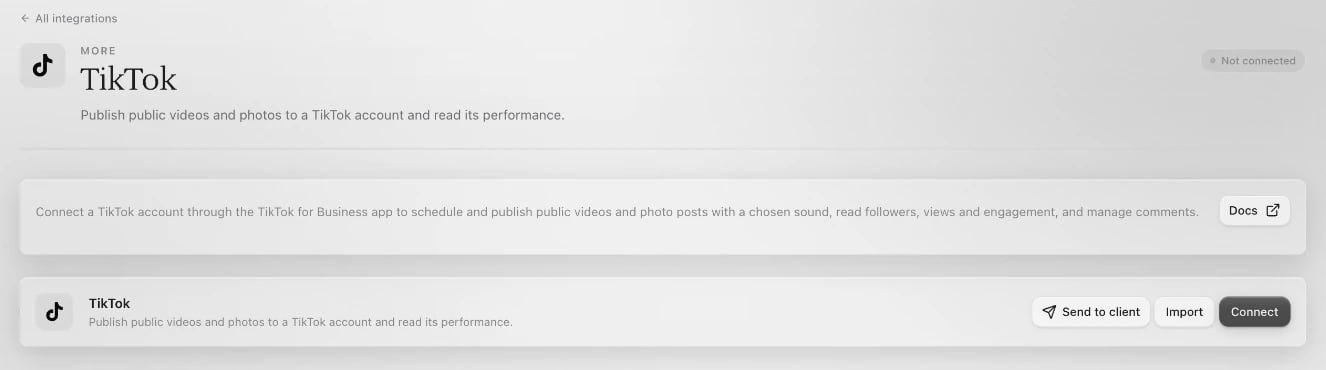 The TikTok page in Sapt, not connected yet, with Send to client, Import and Connect