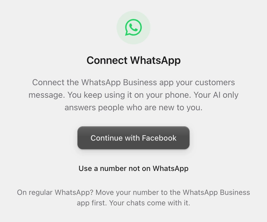 The Connect WhatsApp window with Continue with Facebook and, below it, Use a number not on WhatsApp