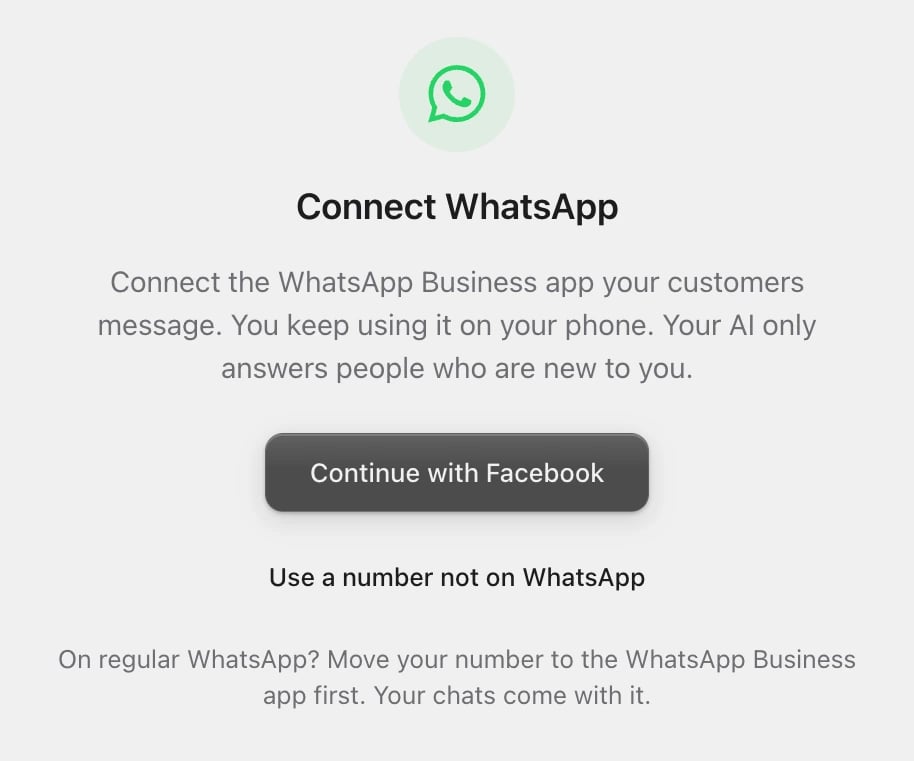 The Connect WhatsApp window with Continue with Facebook and, below it, Use a number not on WhatsApp